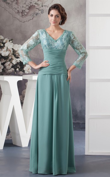 V-Neck Chiffon Long Appliqued Dress With Illusion Neckline