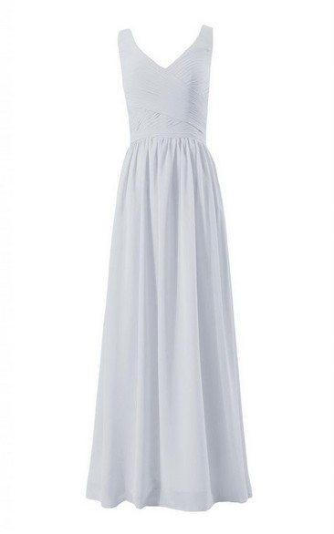 Sleeveless V-neck Long Chiffon Dress With Ruching