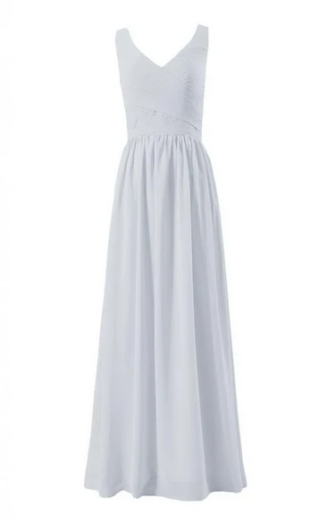 Sleeveless V-neck Long Chiffon Dress With Ruching
