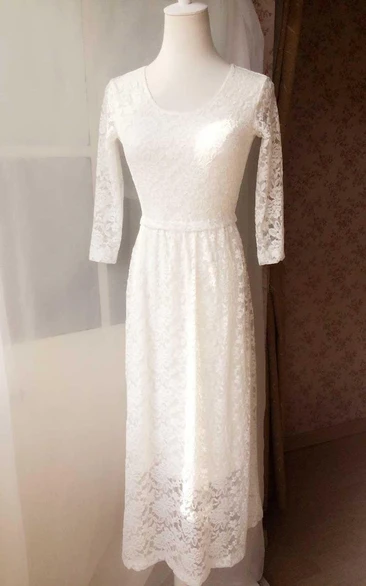 Lace 3-4 Sleeve Column Dress With Scoop Neckline