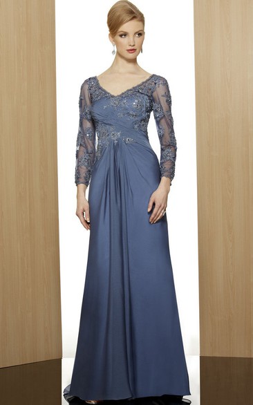 Sheath V-Neck Floor-Length 3-4-Sleeve Appliqued Satin Formal Dress With Beading