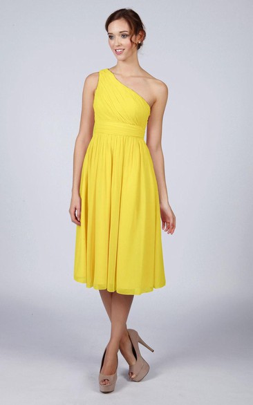 One Shoulder Pleated A-line Chiffon Tea Length Dress Yellow