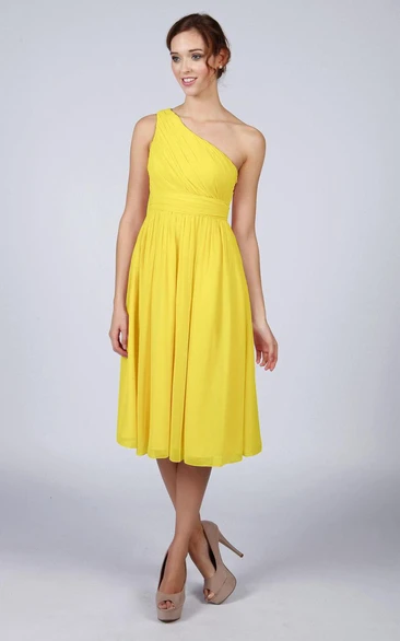 One Shoulder Pleated A-line Chiffon Tea Length Dress Yellow
