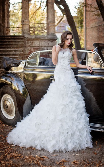 Trumpet Floor-Length Scoop Sleeveless Illusion Tulle Dress With Ruffles And Appliques