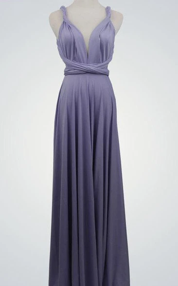 Backless Straped V Neck A-line Jersey Long Dress With Sash