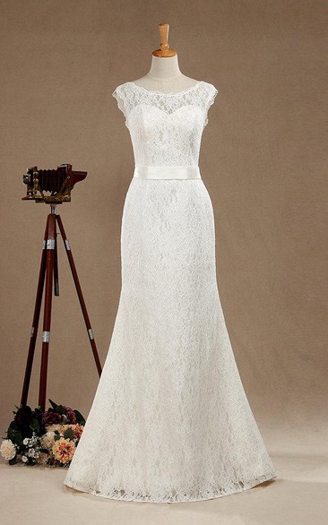 Mermaid Scoop Neck Cap Sleeve Lace Dress With Satin Sash