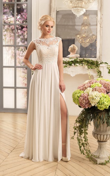 Sheath Maxi Bateau Cap-Sleeve Illusion Chiffon Dress With Split Front And Appliques