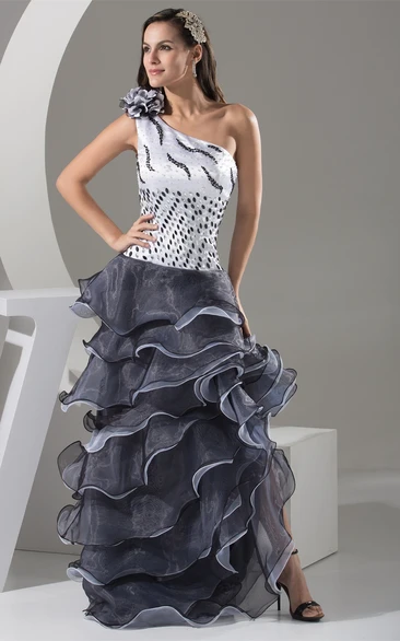 Flowered One Shoulder Floor Length A-Line Sleeveless Gown With Cascading Ruffles and Sequins