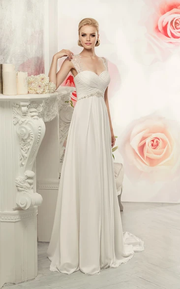 Sheath Maxi Queen-Anne Sleeveless Empire Keyhole Chiffon Dress With Criss Cross And Waist Jewellery