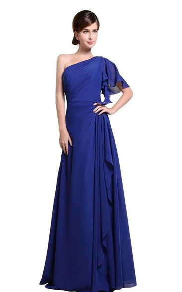 One-shoulder Drapped Sleeve Long Layered Chiffon Dress