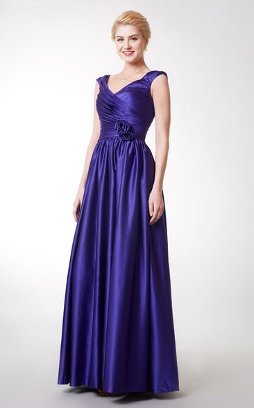 Stunning Cap-sleeved V-neck Long Satin Dress With Flowers