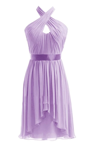 Asymmetrical Halter Chiffon A-line Dress With Satin Band