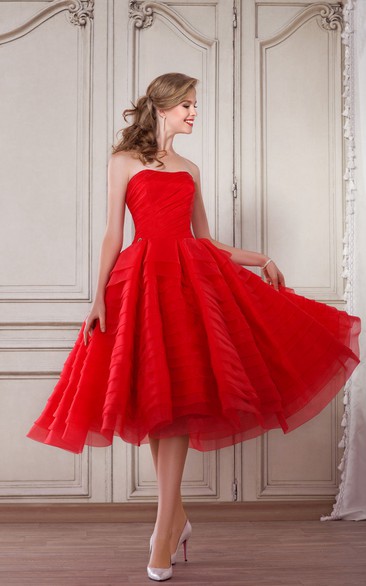 A-Line Tea-Length Strapless Sleeveless Organza Ruching Pleats Zipper Dress