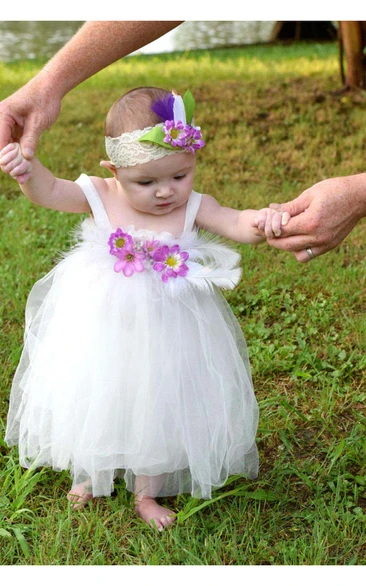 Square Neck Empire Tulle Ball Gown With Flowers and Feathers