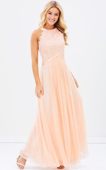 Sleeveless Appliqued Scoop Neck Chiffon Bridesmaid Dress With Ribbon