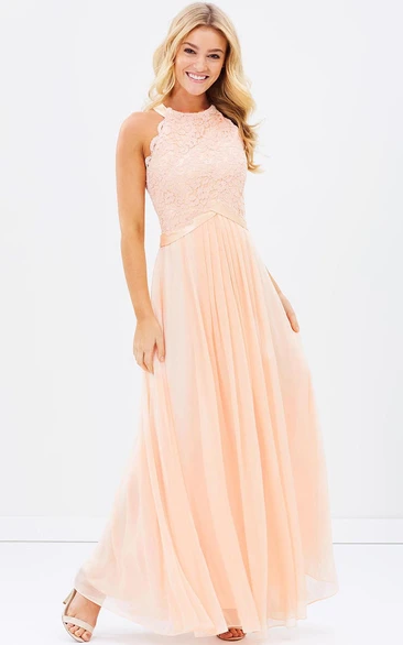 Sleeveless Appliqued Scoop Neck Chiffon Bridesmaid Dress With Ribbon