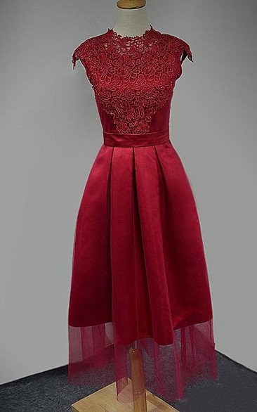 Cap Sleeves A-Line Lace Tea-Length Prom Dress