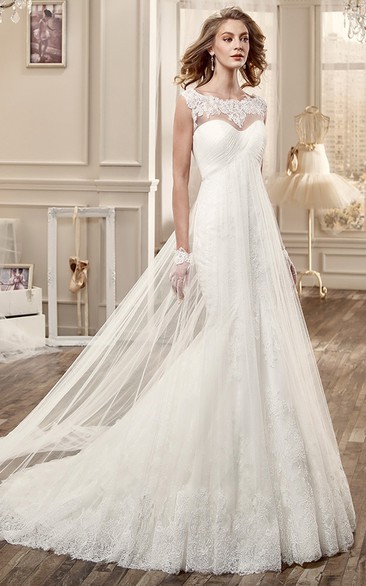 Cap-Sleeve Long Wedding Dress With Pleated Bodice And Invert-V Waist