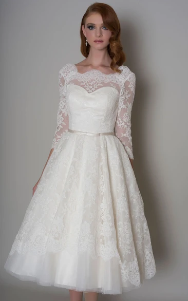 A-Line Knee-Length Half-Sleeve Appliqued Bateau-Neck Lace Wedding Dress