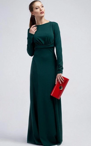 Bateau Long Sleeve Sheath Jersey Floor Length Dress With Ruching