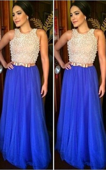 Glamorous Jewel Sleeveless Long Prom Dress With Beadings