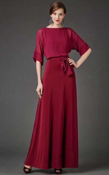 Bateau Bat Half Sleeve A-line Pleated Chiffon Long Dress With Sash