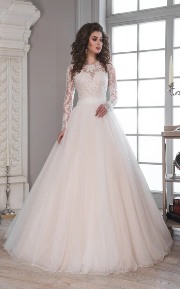 A-Line Maxi Scoop Long-Sleeve Illusion Tulle Lace Dress With Bow