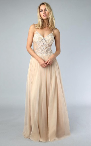 A-line Floor-length Spaghetti-strap Sleeveless Tulle Low-V Back Dress