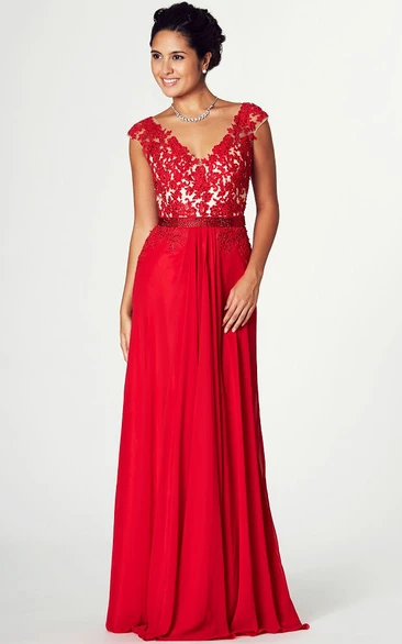 Appliqued V-Neck Cap Sleeve Jersey Prom Dress