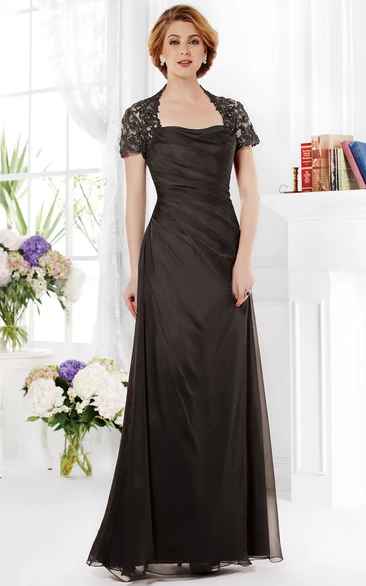 Short-Sleeved Floor-Length Mother Of The Bride Dress With Beadings And Ruches