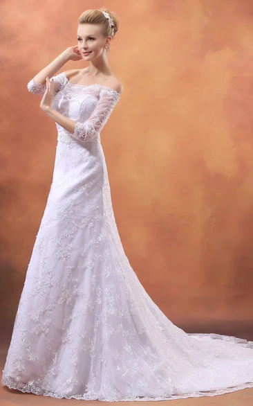 Off-The-Shoulder Laced Dress With Court Train