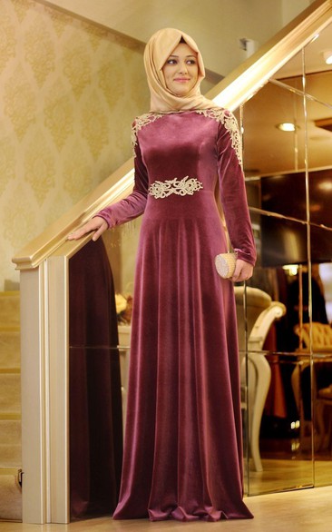 Elegant Appliques A-line Long Sleeve Evening Dress Floor-length