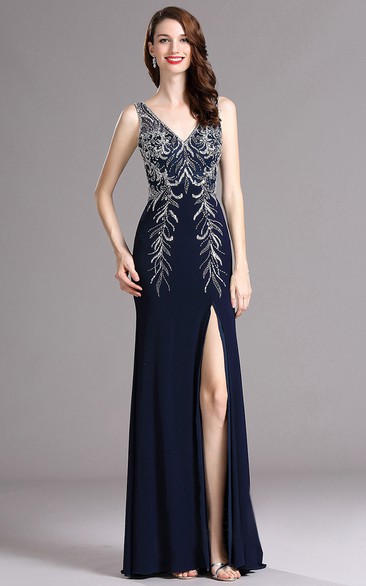 Sheath V-Neck Sleeveless Jersey Beading Split Front Low-V Back Dress