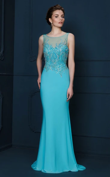 Sheath Beaded Scoop-Neck Sleeveless Long Jersey Evening Dress