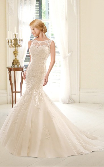 Sleeveless Illusion Neck Mermaid Lace Wedding Dress With V Back