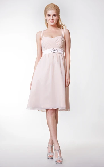 Cute Knee Length Spaghetti Straps Chiffon A-line Dress With Bow