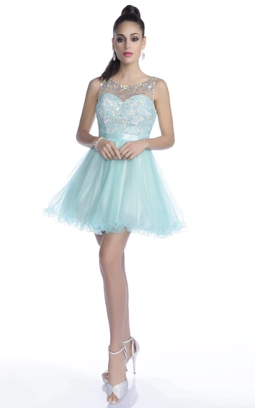 Lace And Tulle A-Line Mini Prom Dress With Top Rhinestones