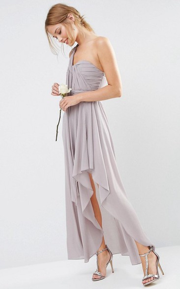 Ankle-Length Draped Sleeveless One-Shoulder Chiffon Bridesmaid Dress