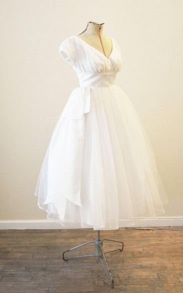 Vintage Tulle Short Sleeve V-Neck A-Line Dress With Pleats