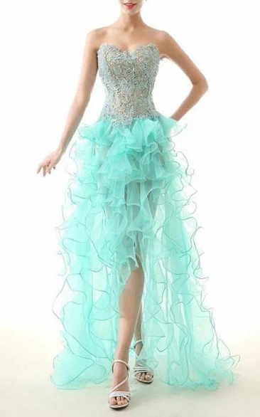 Sweetheart Ruffles Lace Beaded Asymmetrical Prom Dress