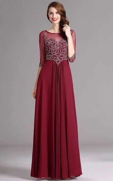 Empire Floor-Length Bateau Half Sleeve Empire Chiffon Beading Keyhole Dress