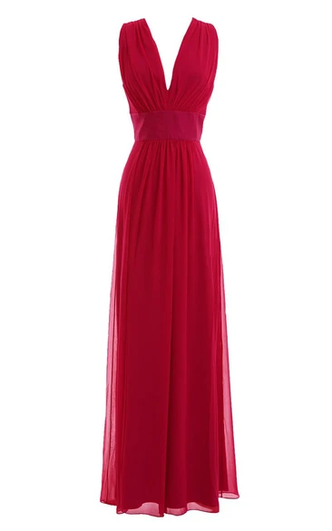 V-neckline Long Chiffon Dress With Satin Belt