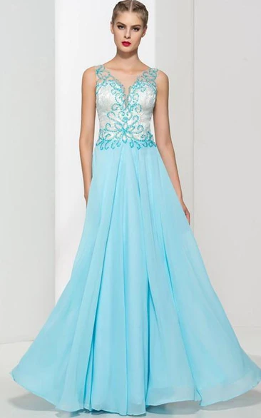 Sheer Back Beading Sequins Prom Dress