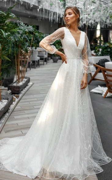 Sexy A Line Organza V-neck Court Train Wedding Dress with Ruching