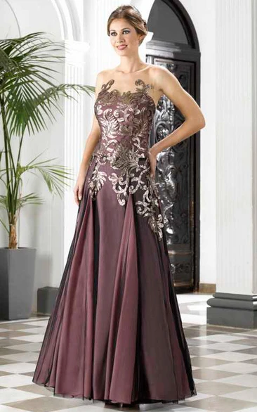 A-Line Appliqued Sleeveless Maxi Prom Dress With Pleats And Deep-V Back