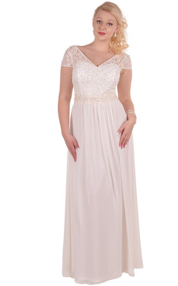 A-Line Floor-Length V-Neck Short Sleeve Chiffon Appliques Dress