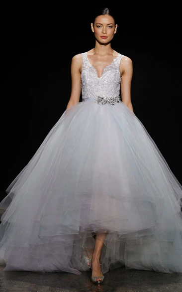 Magnificent Lace Bodice High-low Tiered Tulle Ball Gown With Crystal Belt