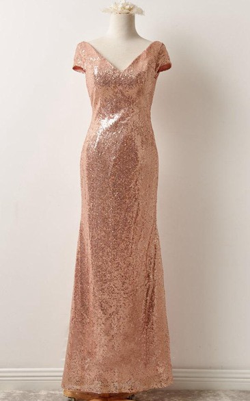 Short Sleeve Sequins Floor-Length Dress With Low-V Back