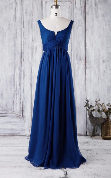 Scoop Neck Sleeveless Empire Pleated A-line Chiffon Long Dress