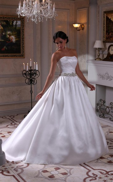 Satin Strapless Ball Gown With Ruching and Crystal Detailed Waistbelt